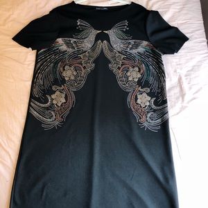 Black Sparkly Bird Shift Dress